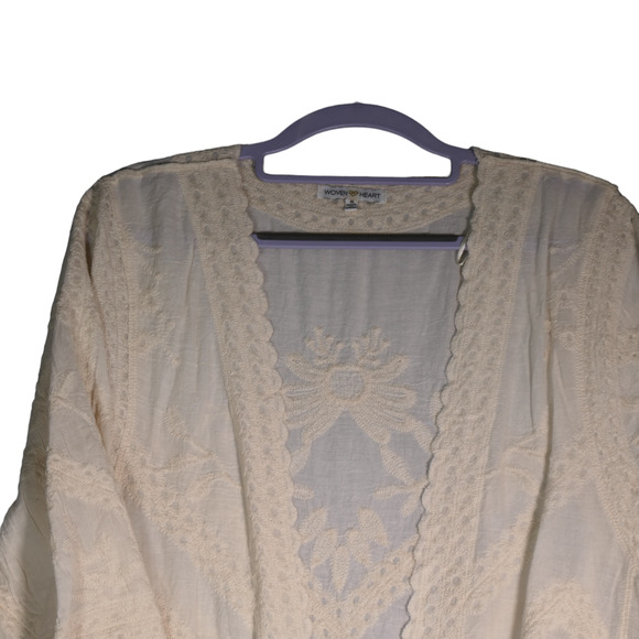 Woven Heart Sheer Cardigan Women S Ivory Gorgeous Embroidery Kimono Peasant Boho - Picture 6 of 16